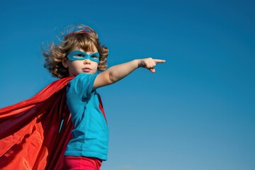 Child dressed as superhero with red cape extending arm on blue sky background