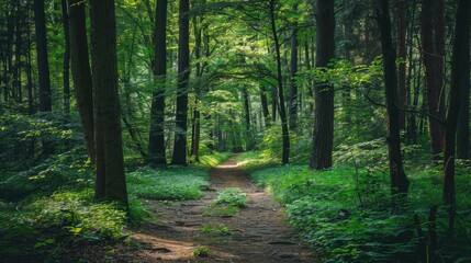 Wall Mural - Morning in the green forest with sunbeams and rays of light