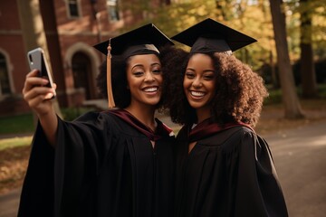 Wall Mural - A joyful pair of black girls scholars in maroon and black regalia, commemorating their graduation with a shared selfie.