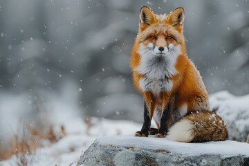 red fox sitting on top of a rock in the snow