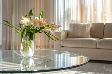 A glass table with a vase filled with colorful flowers placed on top of it