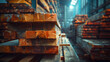 Stacks of lumber in industrial wood warehouse.