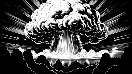 Canvas Print - Hand drawn cartoon exploding mushroom cloud black and white illustration
