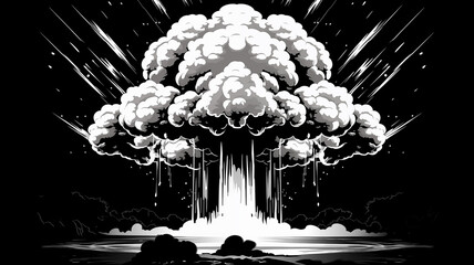 hand drawn cartoon exploding mushroom cloud black and white illustration