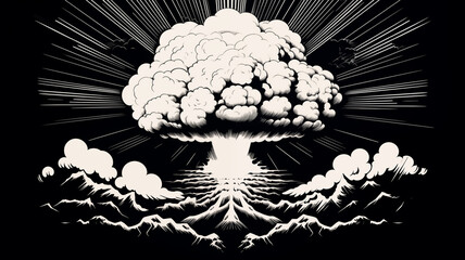 Canvas Print - Hand drawn cartoon exploding mushroom cloud black and white illustration
