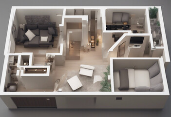 Wall Mural - Home floor plan top view 3D illustration Open concept living apartment layout