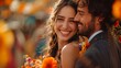 A joyful couple embraces amidst a vibrant backdrop of orange flowers, radiating happiness and love in this candid moment.