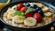 A delicious bowl of oatmeal topped with fresh strawberries, bananas, and blueberries, garnished with mint leaves, ready for a healthy breakfast 