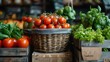 Fresh tomatoes on the vine and various herbs displayed in baskets on a market stall with a blurred background. 