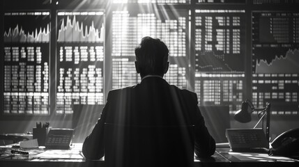Wall Mural - a man is sitting at a desk with a computer monitor in front of him. he is wearing a suit and tie