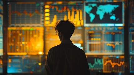 Wall Mural - a man is looking at a computer screen with many different graphs and numbers. the man is wearing gla
