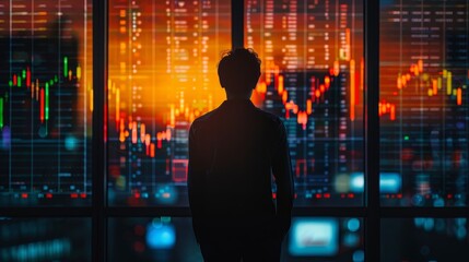 Wall Mural - a man is looking out a window at a screen with a lot of numbers and graphs. the man is focused on th