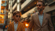 Witness the bond between a stylish father and son as they walk side by side along a bustling city street. Dressed in sharp suits and trendy sunglasses, they exude confidence and so
