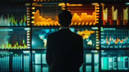 Wall Mural - a man stands in front of a computer monitor displaying a lot of numbers and graphs. he is wearing a 