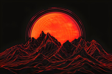 Wall Mural - Majestic neon rising sun over mountains isotated on black background.