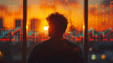 A man is standing in front of a window with a city skyline in the background. The sun is setting, casting a warm glow over the scene. The man is wearing glasses and he is looking out the window