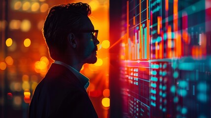 Wall Mural - a man is looking at a computer screen with a lot of numbers and graphs. concept of focus and concent