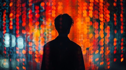 Wall Mural - A man stands in front of a wall of red lights. The lights are arranged in a spiral pattern, and the man is silhouetted against the bright, swirling colors. The scene is both mesmerizing