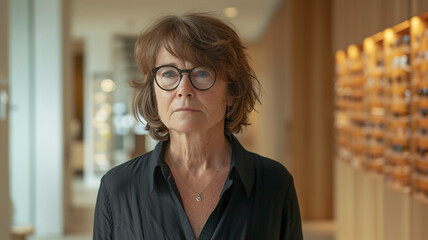 Wall Mural - Middle aged woman in optical store, blurred background