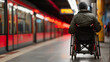 Middle aged man in wheelchair waiting for public transport at station