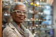 Senior black woman in optical store. Customer trying on new glasses