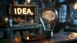 Light bulb with a glowing outline of a human brain, in the background blurred text with the inscription idea