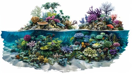 Wall Mural - A painting of a coral reef with a variety of colorful fish swimming around. The painting captures the beauty and diversity of marine life in a vibrant and lively scene