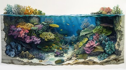 Sticker - A colorful underwater scene with a variety of fish and coral. Scene is vibrant and lively, showcasing the beauty of the ocean and its inhabitants
