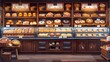 A bakery with a variety of pastries and breads on display. Scene is warm and inviting, with the pastries arranged in an appealing manner
