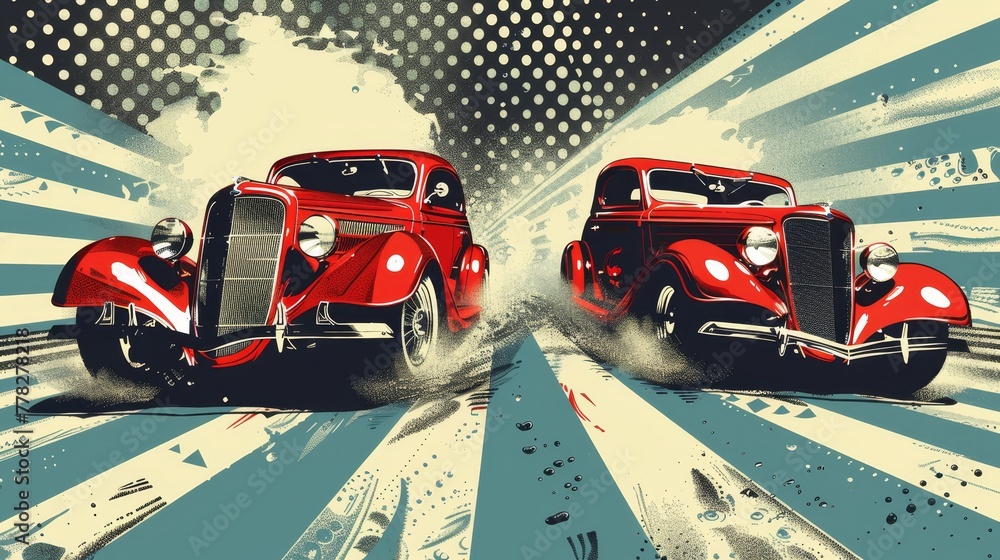 Two red cars are racing on a track. The cars are old and vintage Stock ...