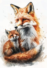 Wall Mural - Fox with her cute little cub. Watercolor illustration of forest animal portrait on white background. Generative AI