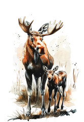 Wall Mural - Moose with his cute little cub. Watercolor illustration of forest animal portrait on white background. Generative AI