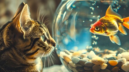 Curious Tabby Cat Observing a Goldfish in a Bowl, Captivating Interaction Between Pet and Fish, Home Animal Life Scene. Perfect for Pet Lovers. AI