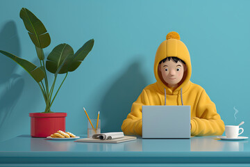 3d render of a young guy wearing a yellow hoodie, sitting at a blue table, using a laptop with one hand on the keyboard to surf the internet, accompanied by a green plant in a red pot