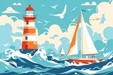 Fototapeta Łazienka - Lighthouse clipart guiding ships to shore