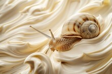 Concept Of Snail Mucin Or Snail Secretion Filtrate. A Snail Crawls Across The Creamy Texture Of Anti-age Cosmetics