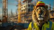 An image of unparalleled realism and detail presents a lion, the king of beasts, wearing a bright safety jacket and helmet, positioned before a construction site blurred for emphasis.