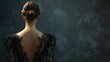 Elegant Back Pose of Woman in Blue Dress, serene capture of a woman seen from behind, wearing a blue lace dress against a moody backdrop, exuding a sense of mystery and grace
