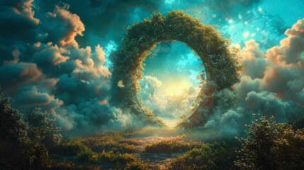 A mysterious portal archway, cloaked in vines, leads to a realm of magic and wonder.