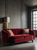 Fototapeta Kwiaty - Art Deco design in this modern living space featuring a red velvet sofa, crimson and white pillows against a concrete wall with copy space.