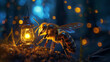 Bee with lantern light, night exploration, fantasy scene, surrealistic, photographic clarity, close-up,