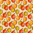 Red and yellow apples, green leaves. Fresh Apples with stickers. Hand drawn illustration. Paint brush style. Square seamless Pattern. Background, wallpaper. Repeating design element for printing
