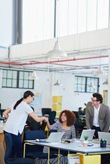 Aufkleber - Team, introduction and people in office with laptop for creative startup, teamwork and feedback for staff. Group, men and woman person with smile in professional workplace for review with report