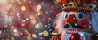 A traditional nutcracker figurine depicted as a king, set against a twinkling bokeh light background.