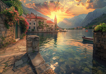 The Picturesque Town Of Perast On The Coast, With Its Historic Buildings And Colorful Architecture, Is Set Against The Backdrop Of Majestic Mountains During Sunset