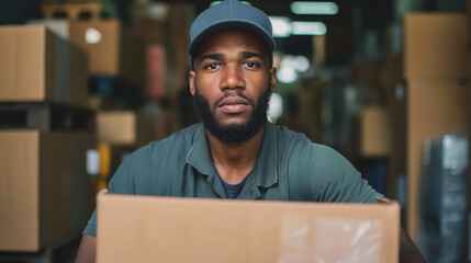 A warehouse worker in a cap and casual attire looks directly at the camera while carrying a large cardboard box.