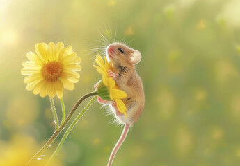 Wall Mural - A field mouse climbing on the stem to reach flowers, a photo in which we see it from its side with an open mouth while eating some white flower buds