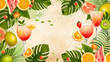 Fruit cocktail and tropical leaves on a pastel background, a summer banner template for menu design or advertising card with a drink bar party illustration vector
