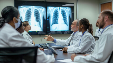 Wall Mural - In the conference room, medical providers and doctors in white coats sat around large screens showing chest xray images, with one doctor pointing at an X-ray of someone's lungs to discuss findings