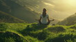 Serene Woman Practicing Yoga on Lush Green Hillside at Sunrise. Tranquil Morning Bliss